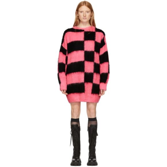 MSGM Sweater Dress Womens Small Pink Black Check Pullover Fuzzy Mohair Oversized - Picture 1 of 9